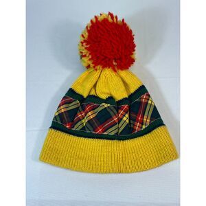 Vintage Top Notch Knits Yellow Plaid Color Crayola Beanie Pom Pom Handmade